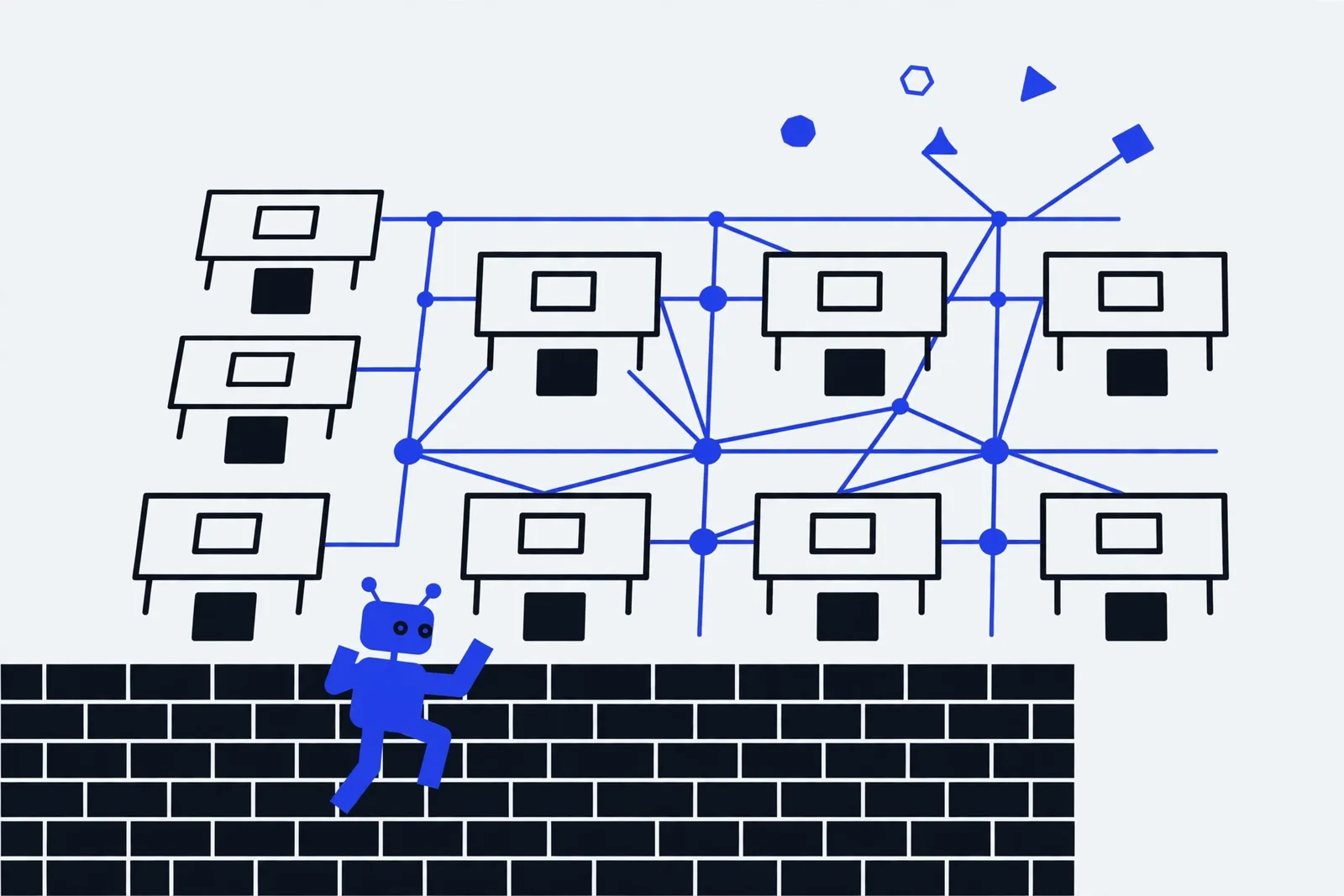 Flat illustration of a small blue robot climbing over a brick wall toward a network of desks connected by blue lines, suggesting a redrawn organization