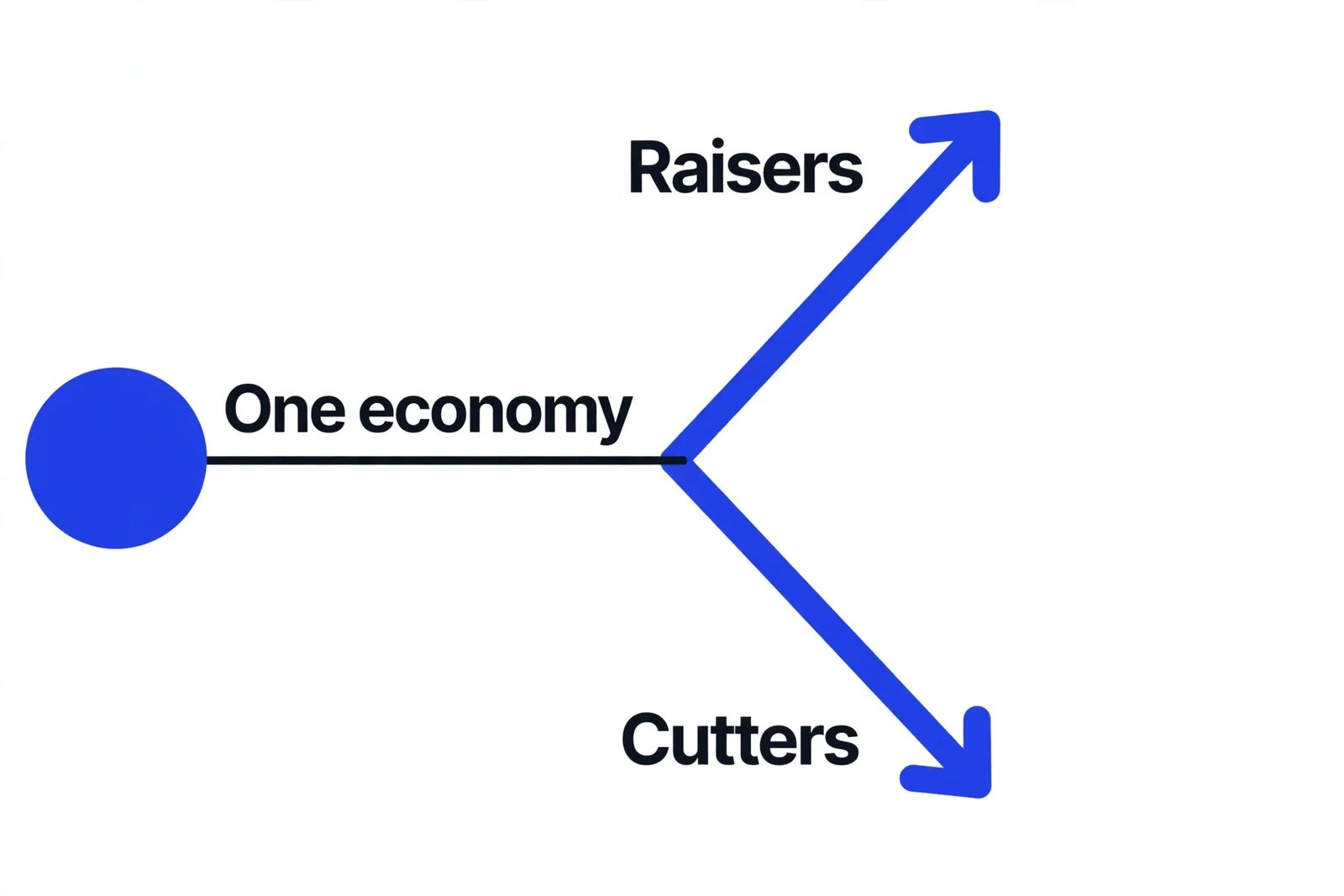 Diagram of one path labeled One economy splitting into two arrows labeled Raisers pointing up and Cutters pointing down